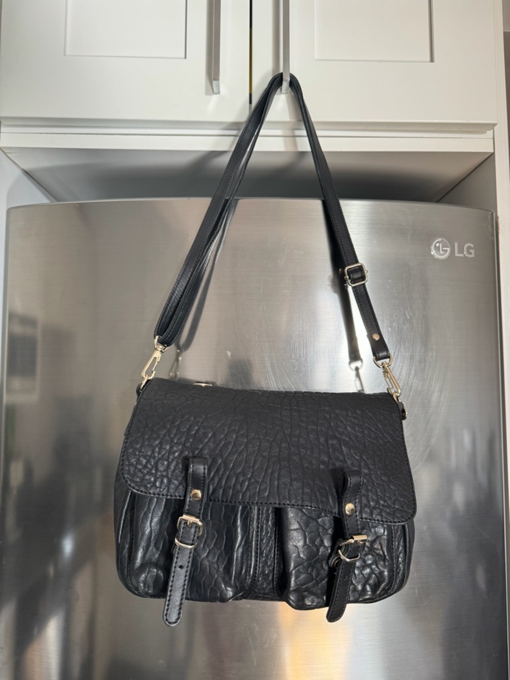 Textured Black Leather Shoulder Bag with Gold Accents